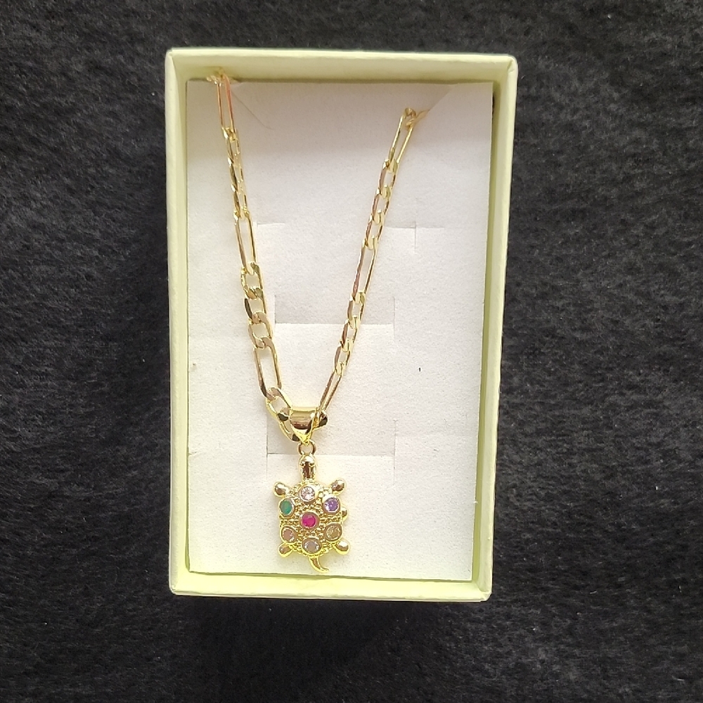 Gold Turtle Pendant Necklace with Multicolor Gems